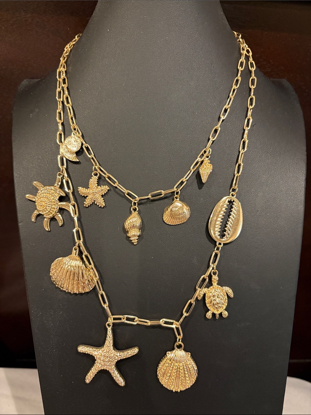 Gold-Tone Seashell Starfish Charm Layered Necklace